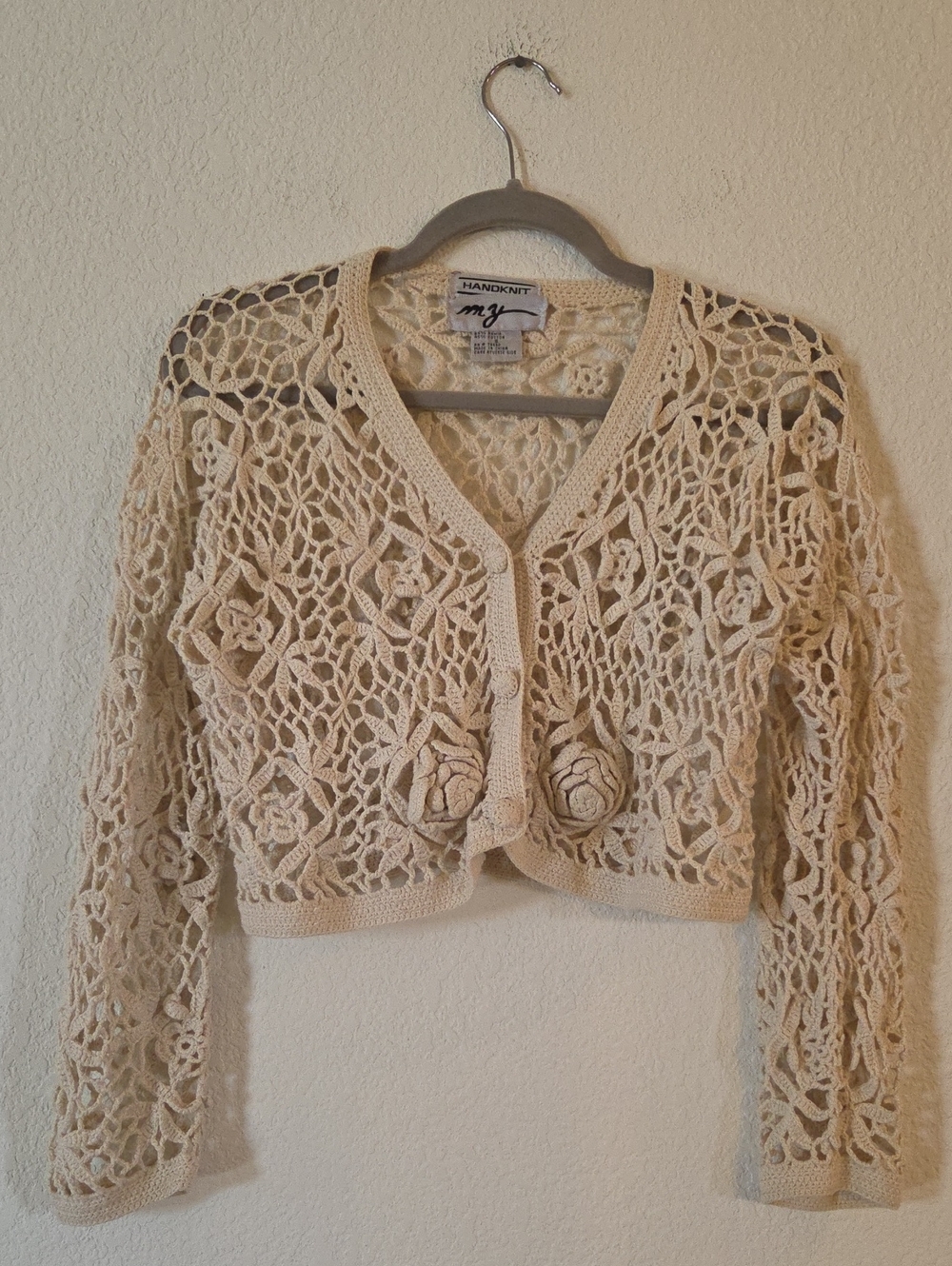 Handknit Floral Crochet Cardigan - Cream